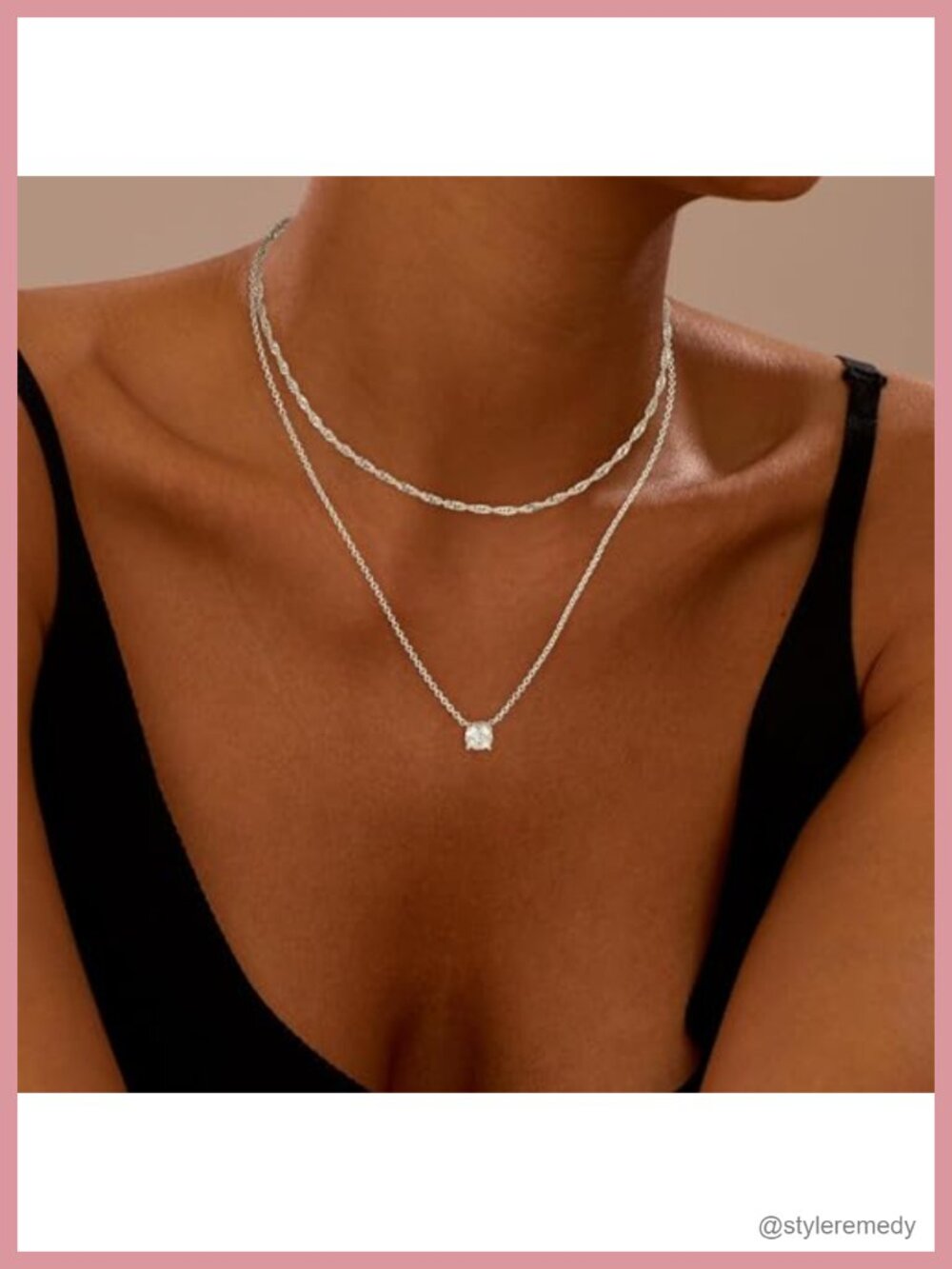 Layered Gold Plated Necklace with Cubic Zirconia Pendant, 14k Real Gold Plated - Picture 6 of 6
